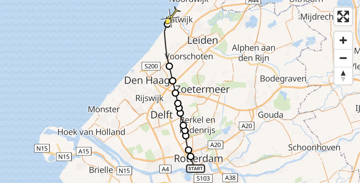 Routekaart van de vlucht: Lifeliner 2 naar Katwijk, Joost van Geelstraat