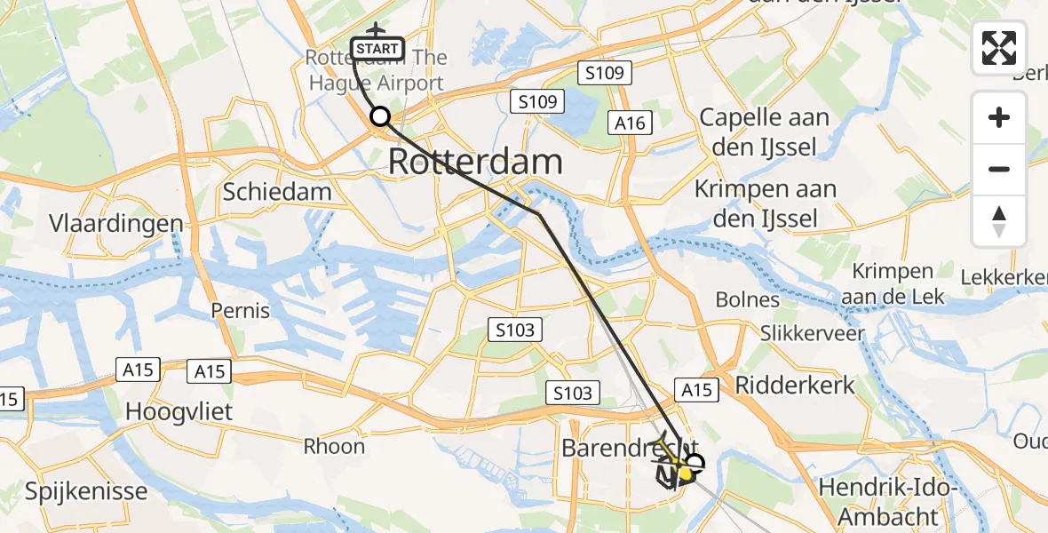 Routekaart van de vlucht: Politieheli naar Barendrecht, Landzichtstraat