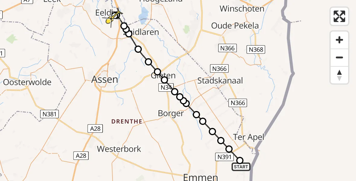 Routekaart van de vlucht: Lifeliner 4 naar Groningen Airport Eelde, Oude Schuttingkanaal