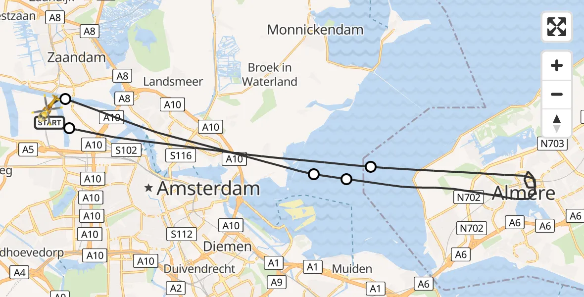 Vluchtroute Traumahelikopter van Amsterdam Heliport naar Amsterdam Heliport