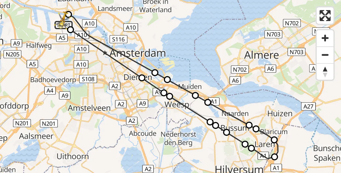 Vluchtroute Traumahelikopter van Amsterdam Heliport naar Amsterdam Heliport