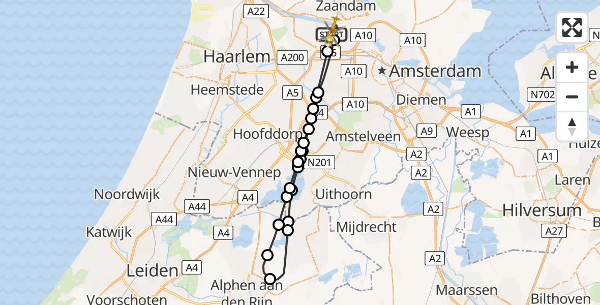 Vluchtroute Traumahelikopter van Amsterdam Heliport naar Amsterdam Heliport