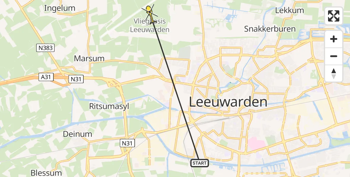 Vluchtroute Ambulancehelikopter van Leeuwarden naar Vliegbasis Leeuwarden