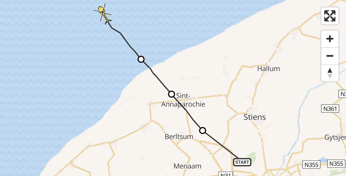 Routekaart van de vlucht: Ambulancehelikopter naar Oosterend, Langhuisterweg