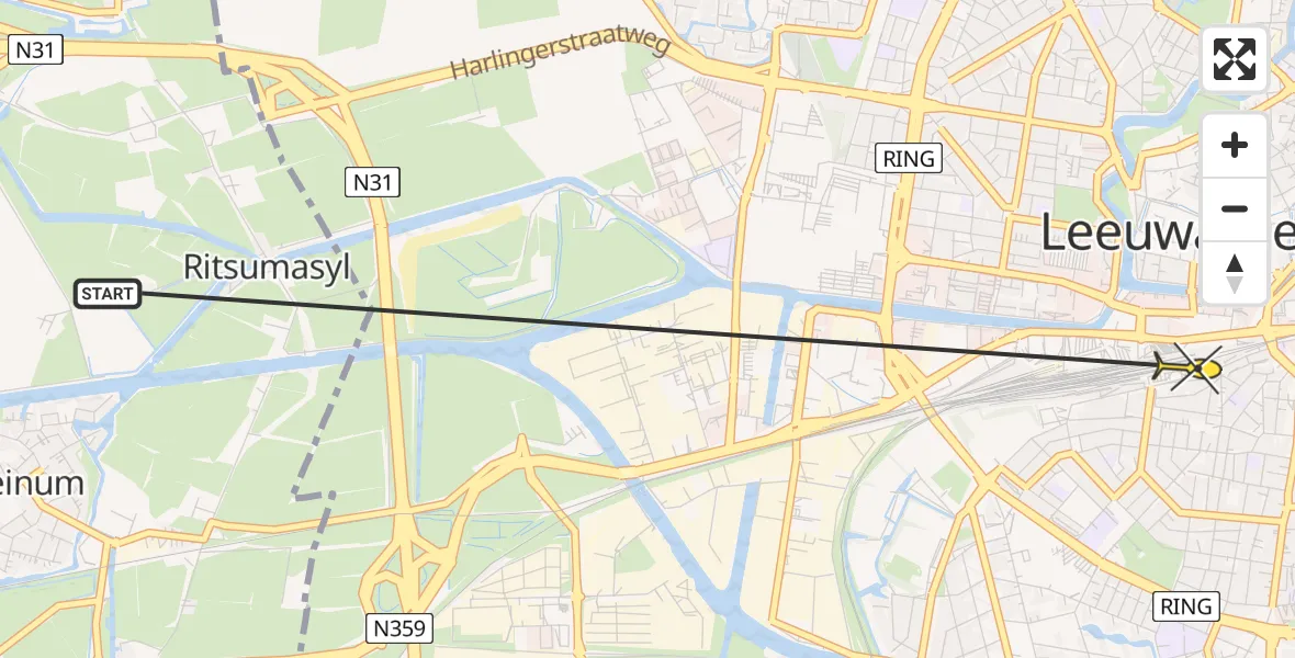 Routekaart van de vlucht: Ambulanceheli naar Leeuwarden, Achter het Station