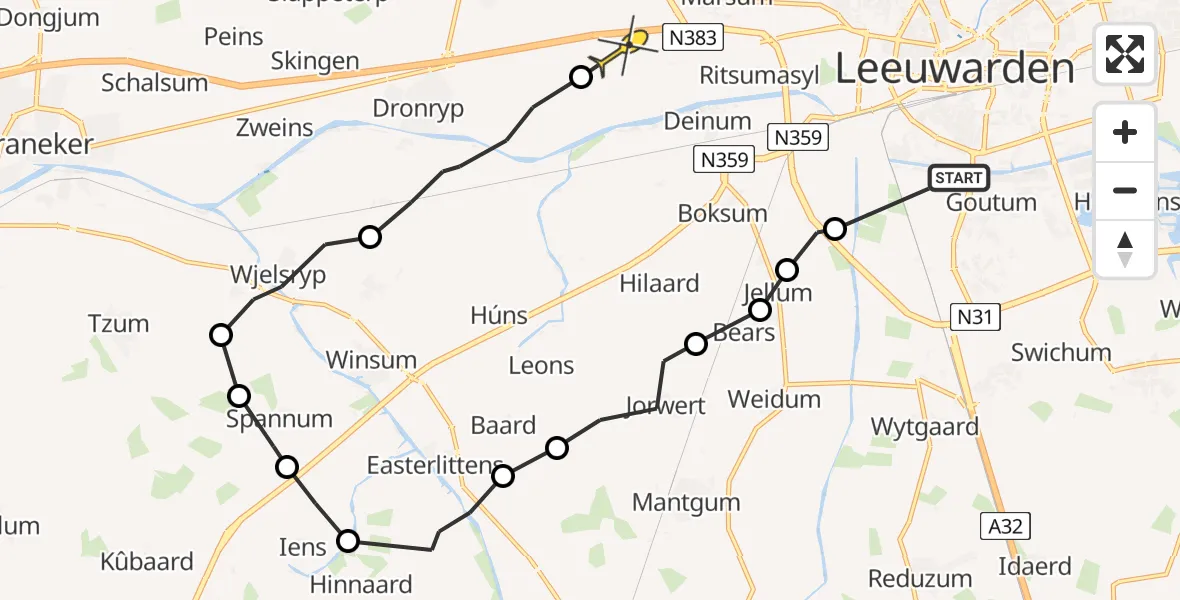 Routekaart van de vlucht: Ambulanceheli naar Marsum, De Heak