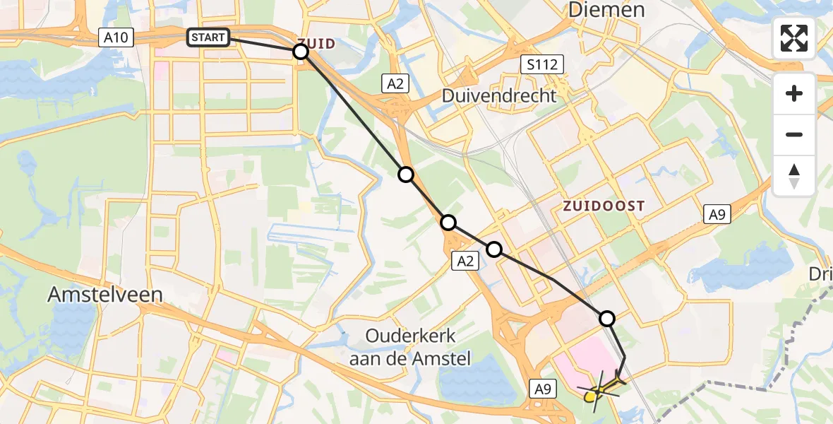 Routekaart van de vlucht: Lifeliner 1 naar Academisch Medisch Centrum (AMC), Ringweg-Zuid