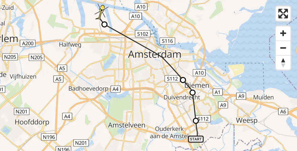 Routekaart van de vlucht: Lifeliner 1 naar Amsterdam Heliport, Nieuwersluishof