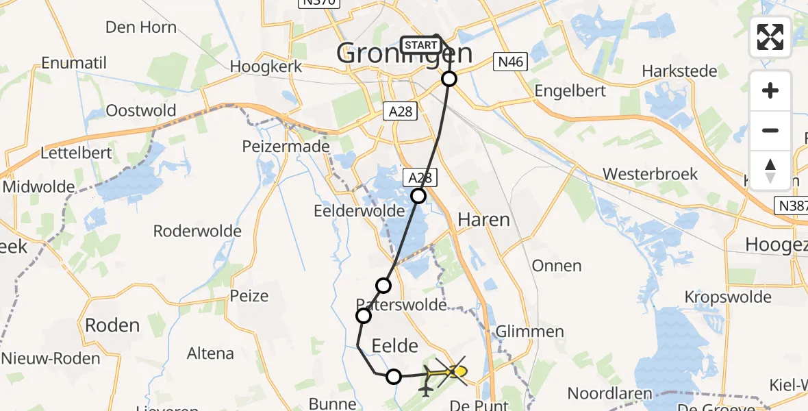 Routekaart van de vlucht: Lifeliner 4 naar Groningen Airport Eelde, Eltjo Ruggeweg