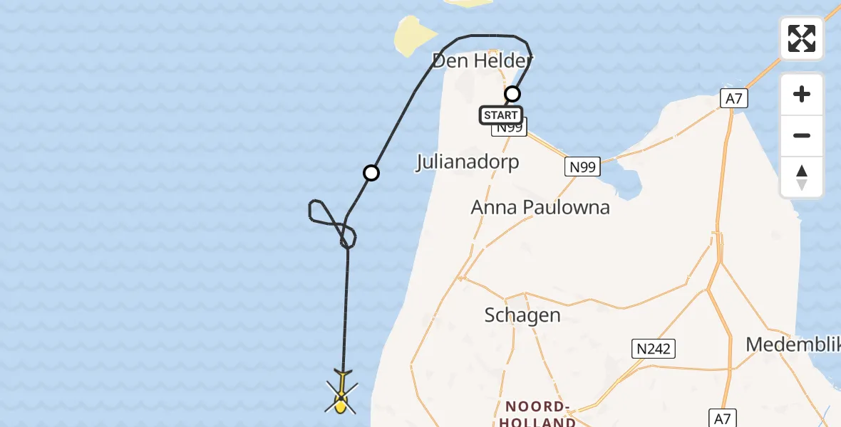 Routekaart van de vlucht: Kustwachthelikopter naar Oostoeverweg