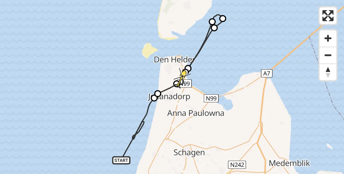 Routekaart van de vlucht: Kustwachthelikopter naar Vliegveld De Kooy, Luchthavenweg