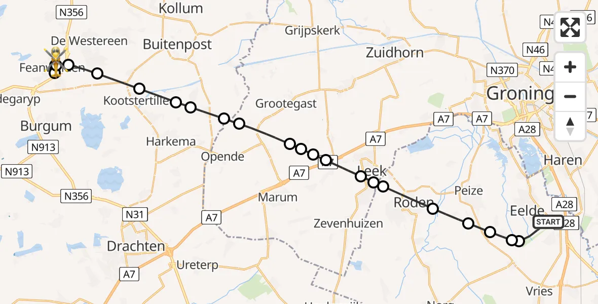 Vluchtroute Traumahelikopter Groningen Airport Eelde - Feanwâlden, 30 april 2024, 18:50