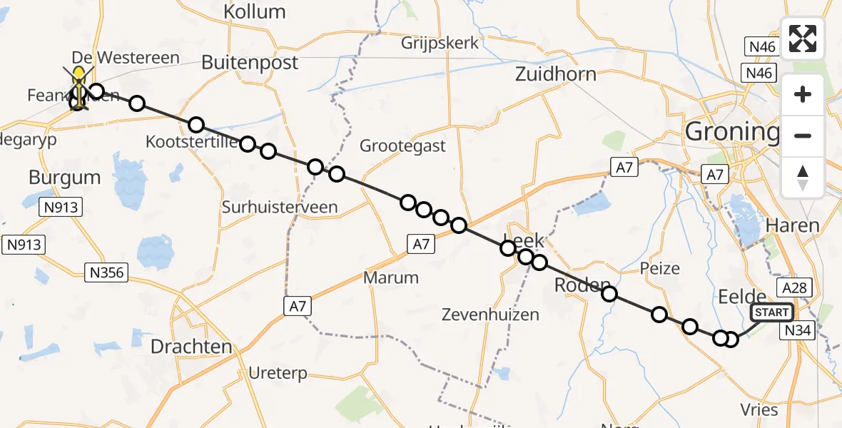 Routekaart van de vlucht: Lifeliner 4 naar Feanwâlden, Veldkampweg