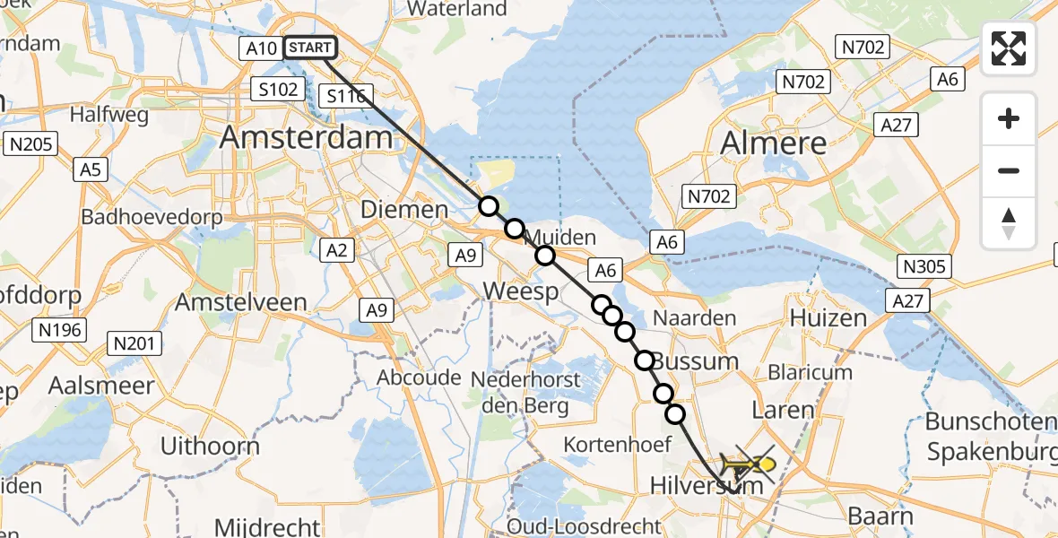 Routekaart van de vlucht: Lifeliner 1 naar Hilversum, Buiksloterbreek