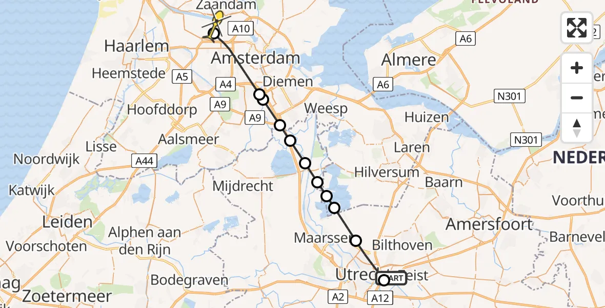 Routekaart van de vlucht: Lifeliner 1 naar Amsterdam Heliport, UMC Ambulancetunnel