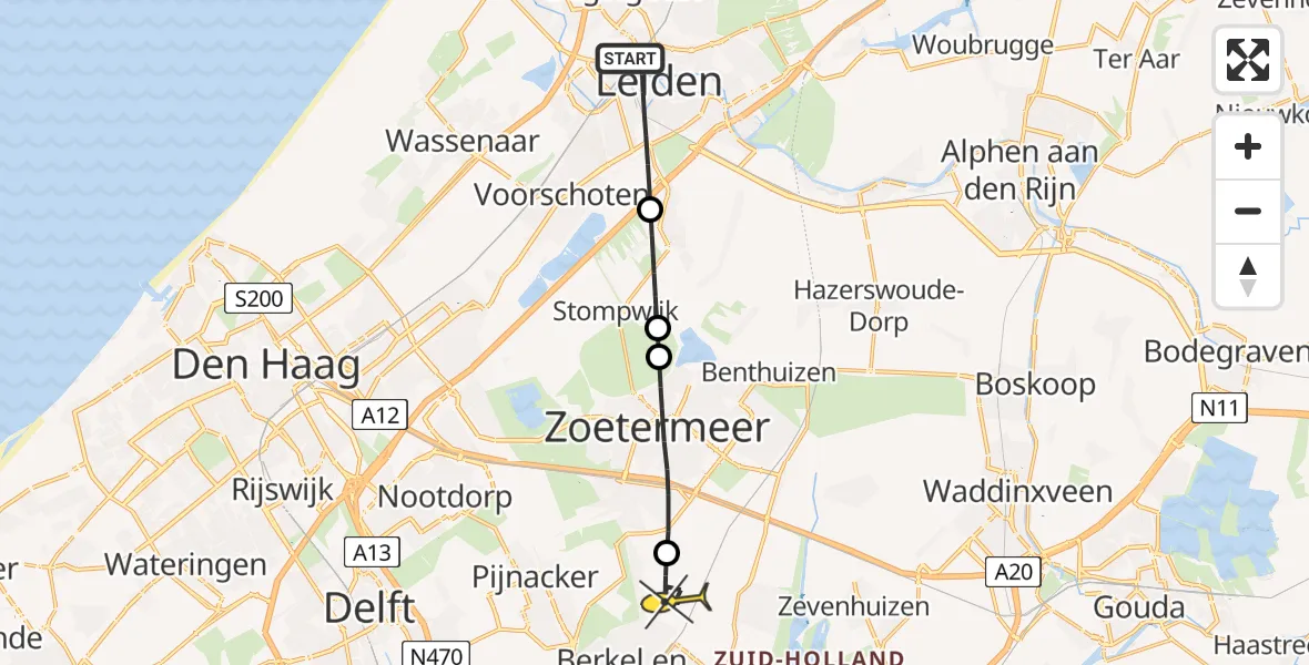 Routekaart van de vlucht: Lifeliner 2 naar Berkel en Rodenrijs, 5e Binnenvestgracht