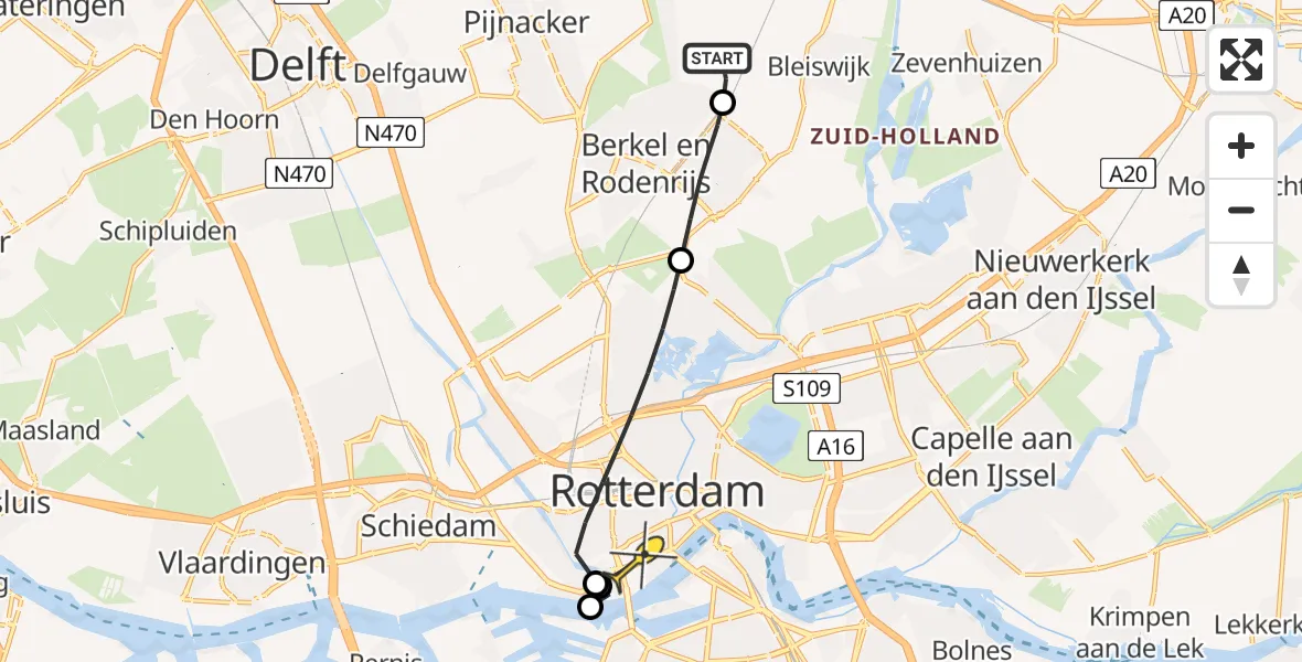 Routekaart van de vlucht: Lifeliner 2 naar Erasmus MC, Landscheiding Noord