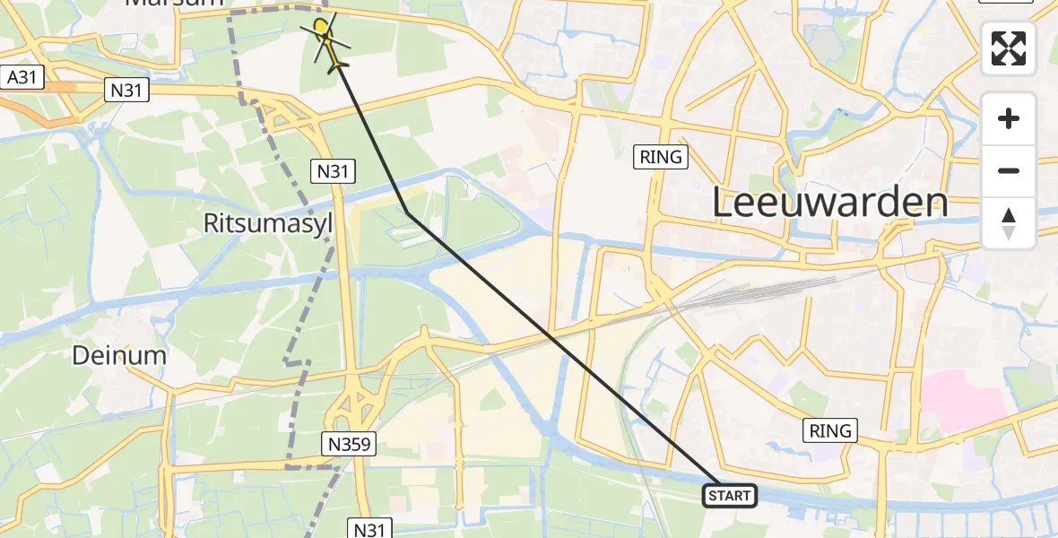 Vluchtroute Ambulancehelikopter van Leeuwarden naar Leeuwarden