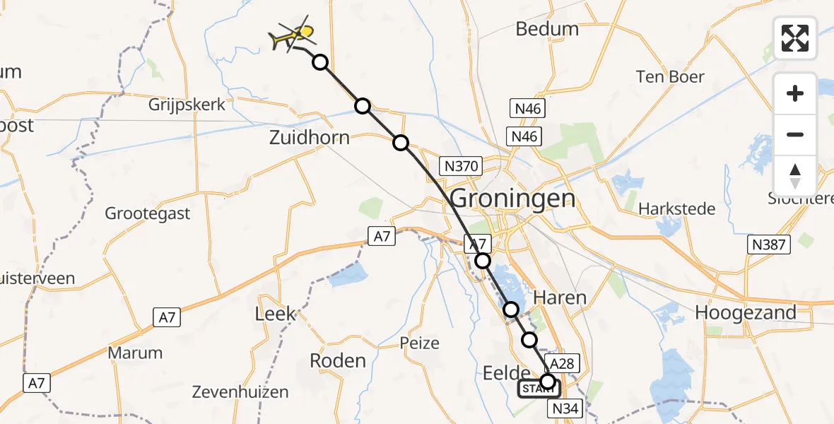 Routekaart van de vlucht: Lifeliner 4 naar Oldehove, Oosterbroek