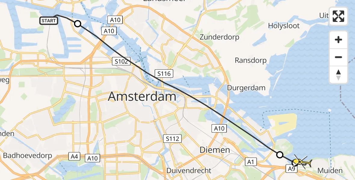 Routekaart van de vlucht: Lifeliner 1 naar Muiden, Westhavenweg
