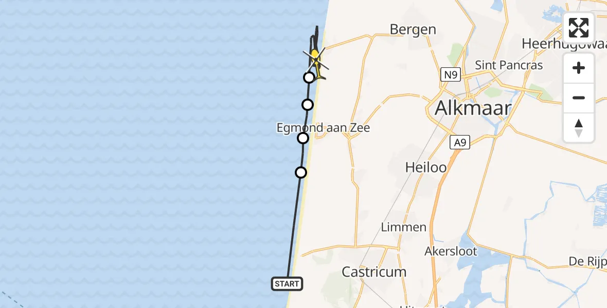 Routekaart van de vlucht: Politiehelikopter naar Bergen aan Zee, Velowseweg