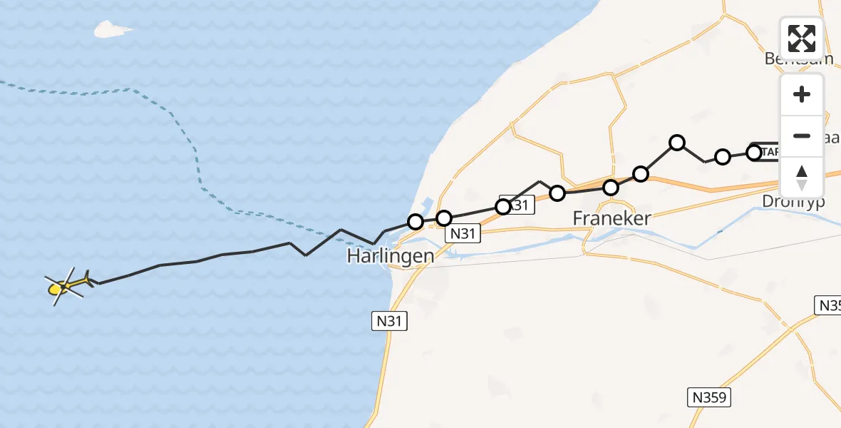 Routekaart van de vlucht: Ambulanceheli naar Harlingen, Slappeterpsterweg