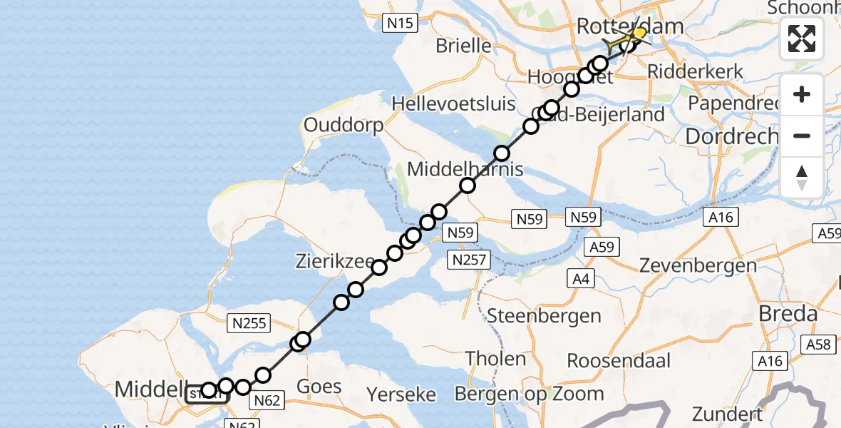 Routekaart van de vlucht: Lifeliner 2 naar Erasmus MC, Rijksweg