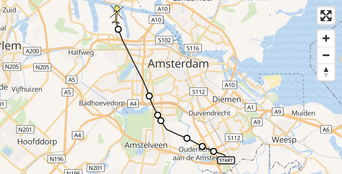 Routekaart van de vlucht: Lifeliner 1 naar Amsterdam Heliport, Sijsjesbergweg