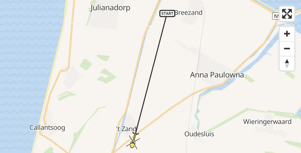 Routekaart van de vlucht: Ambulanceheli naar 't Zand, Anna Paulownaweg