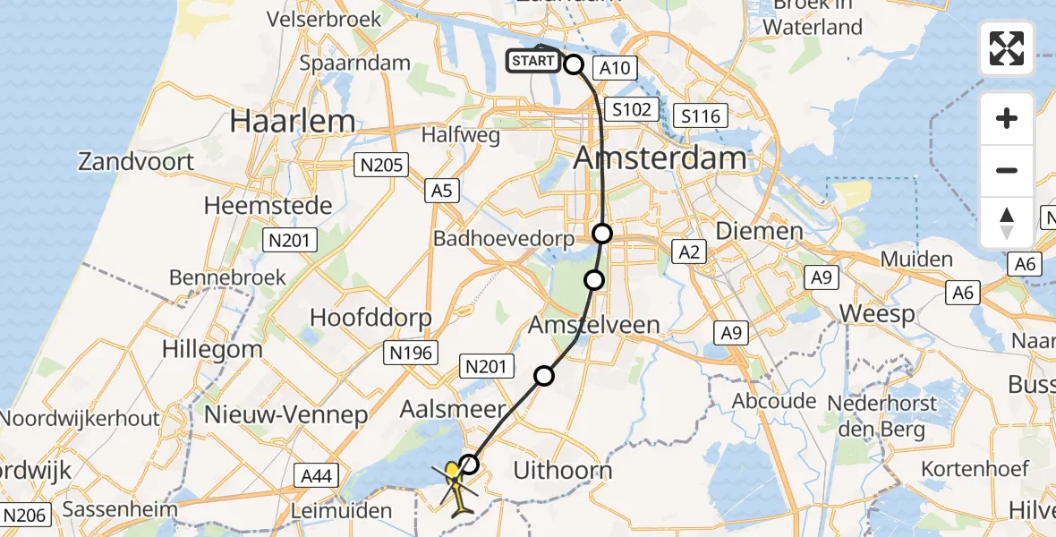 Routekaart van de vlucht: Lifeliner 1 naar Kudelstaart, Westhavenweg