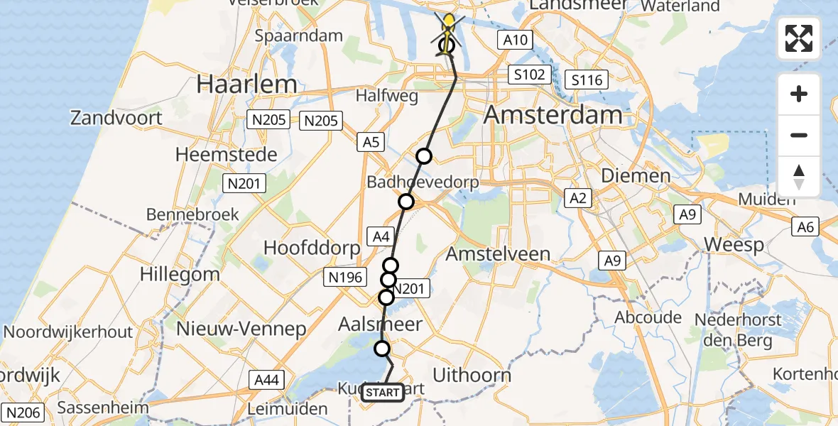 Routekaart van de vlucht: Lifeliner 1 naar Amsterdam Heliport, Kudelstaartseweg