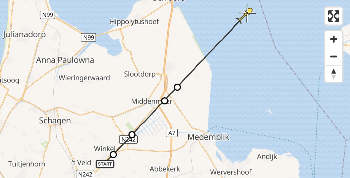 Routekaart van de vlucht: Ambulanceheli naar Wieringerwerf, Oude Provincialeweg