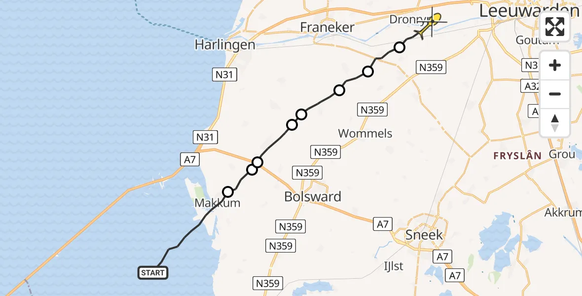 Routekaart van de vlucht: Ambulanceheli naar Dronryp, Tritzum