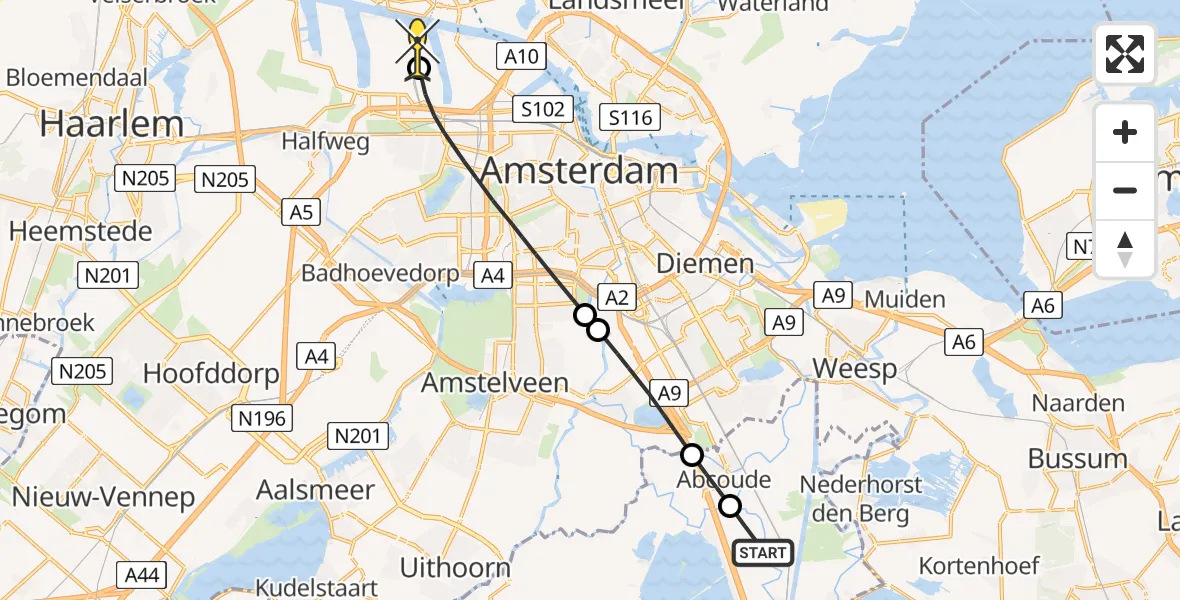 Routekaart van de vlucht: Lifeliner 1 naar Amsterdam Heliport, de Horn