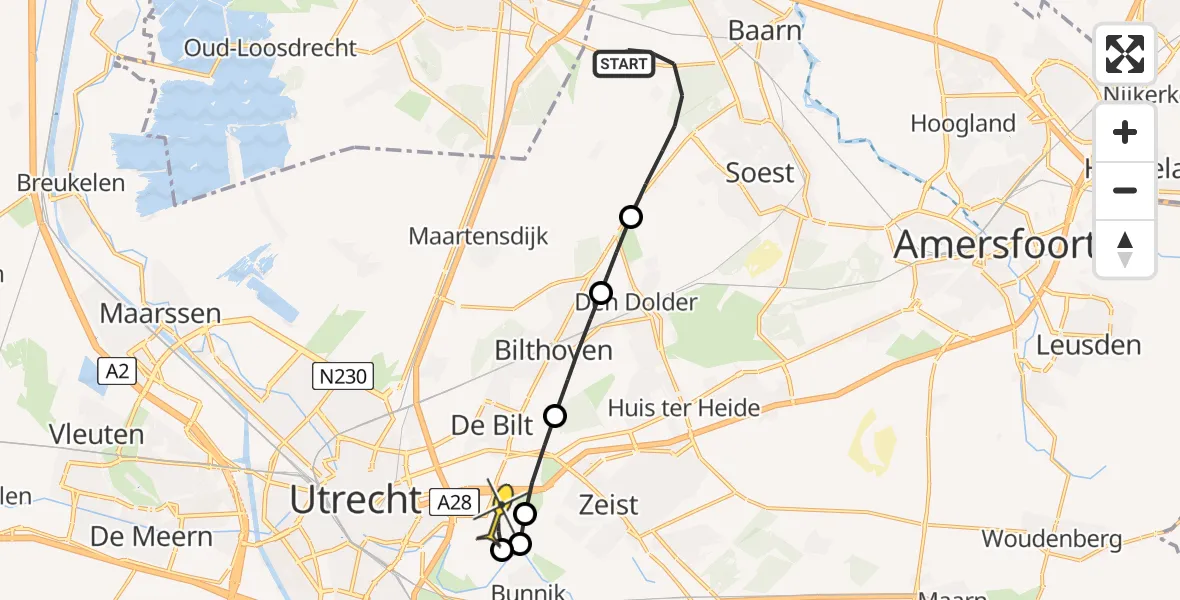 Routekaart van de vlucht: Lifeliner 2 naar Universitair Medisch Centrum Utrecht, Hilversumsestraatweg