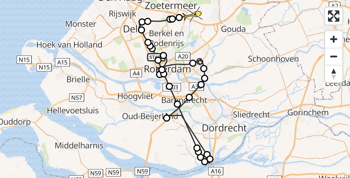 Routekaart van de vlucht: Politieheli naar Moerkapelle, Bovendijk