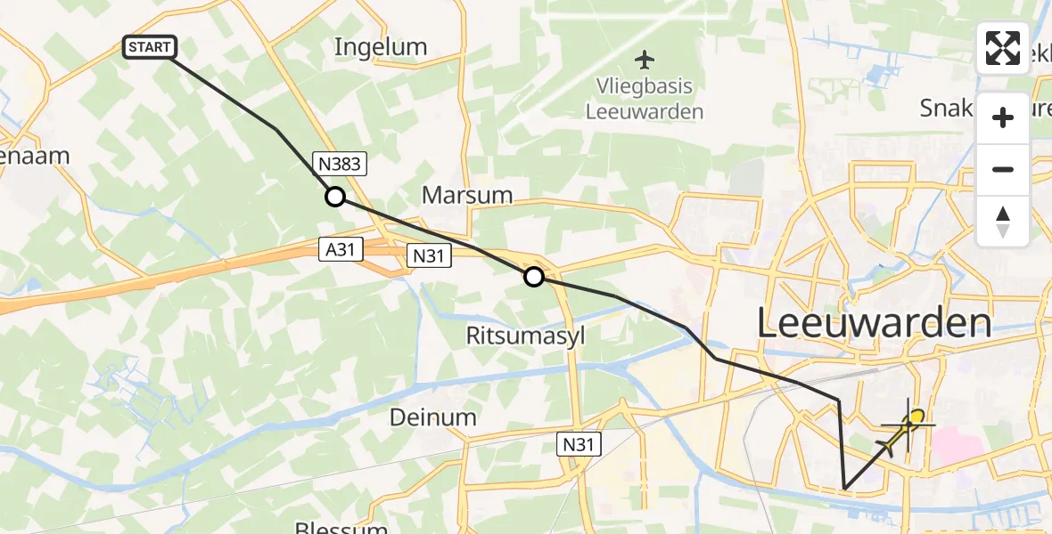 Routekaart van de vlucht: Ambulanceheli naar Leeuwarden, Mieddyk
