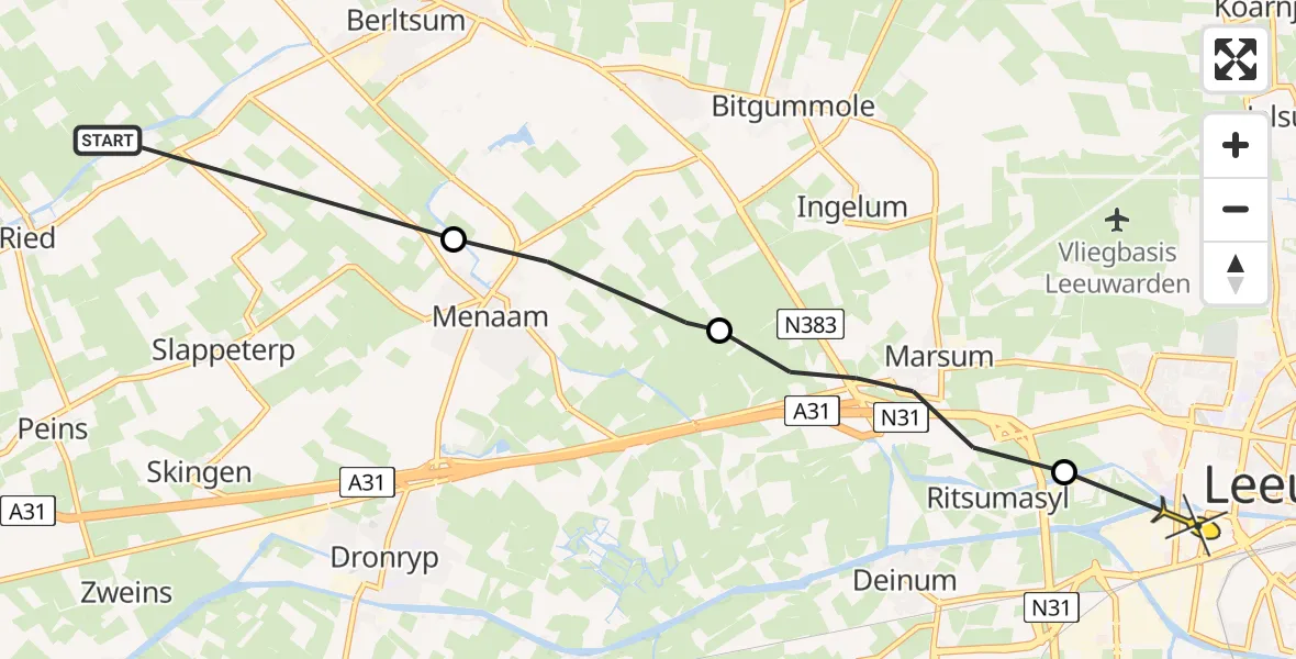 Routekaart van de vlucht: Ambulanceheli naar Leeuwarden, Berltsumer Feart
