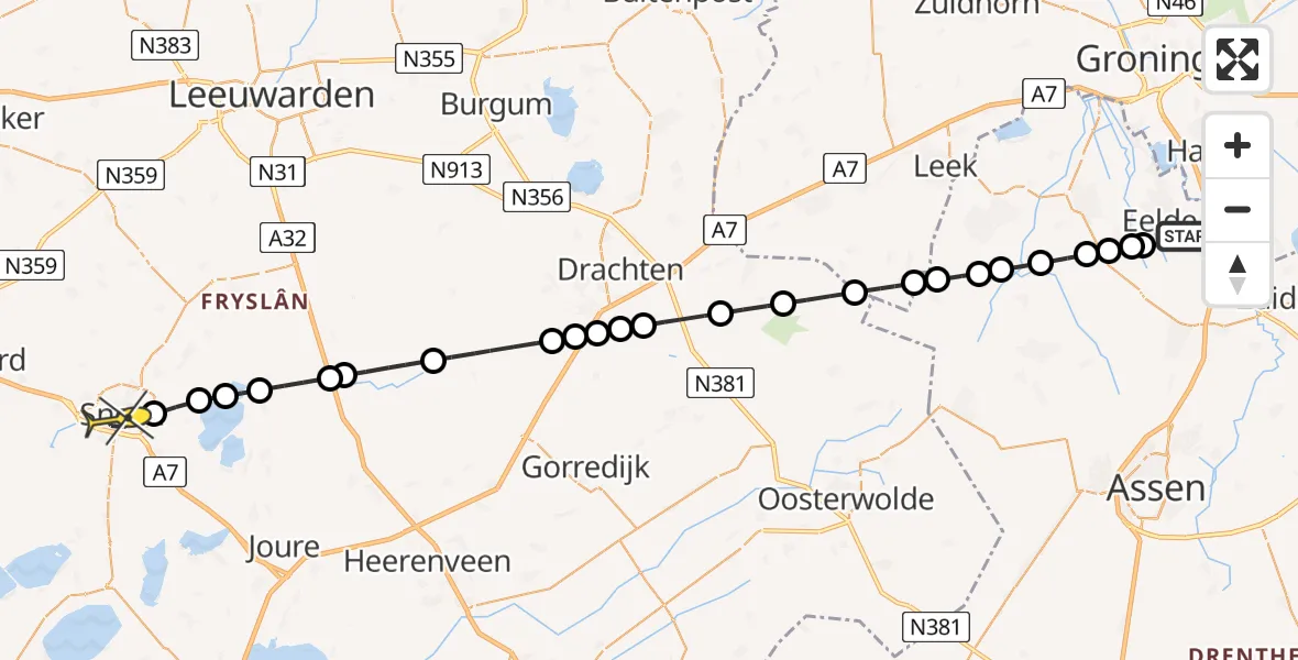 Routekaart van de vlucht: Lifeliner 4 naar Sneek, Veldkampweg