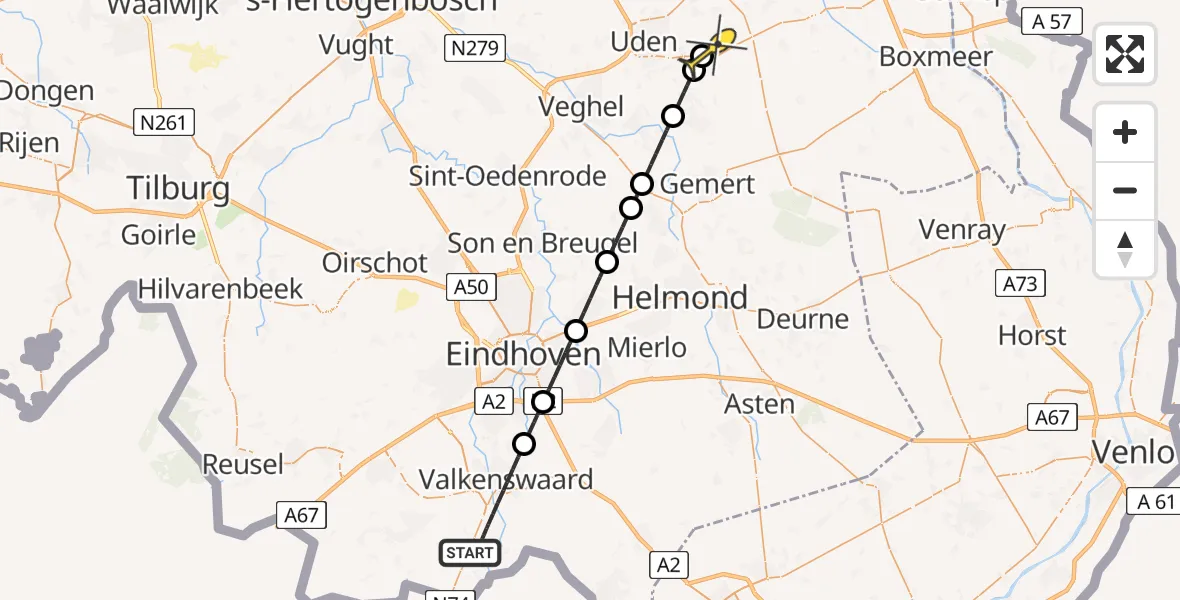 Routekaart van de vlucht: Lifeliner 3 naar Vliegbasis Volkel, Dorpsstraat