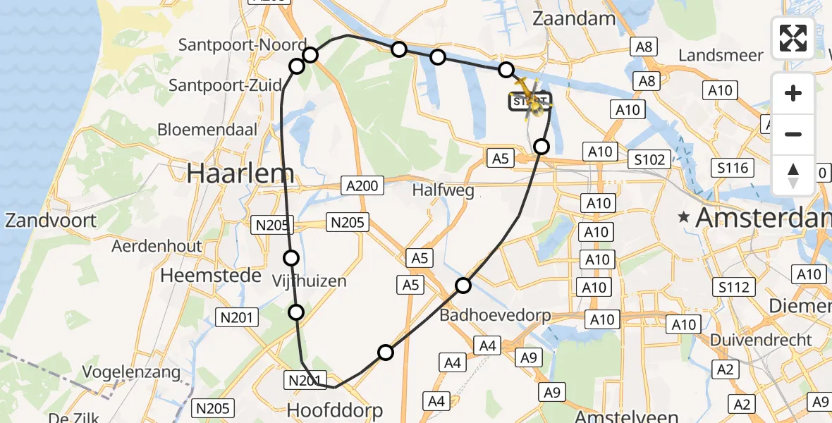 Vluchtroute Traumahelikopter van Amsterdam Heliport naar Amsterdam Heliport