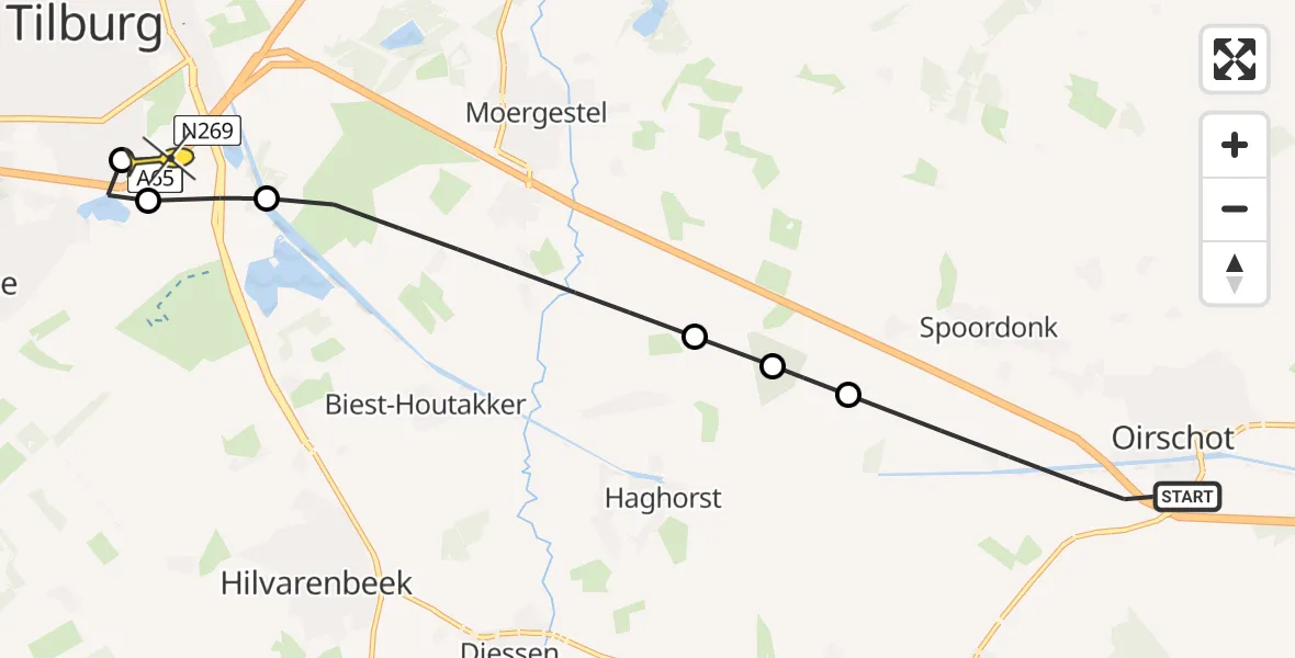 Routekaart van de vlucht: Lifeliner 3 naar Tilburg, 't Laar