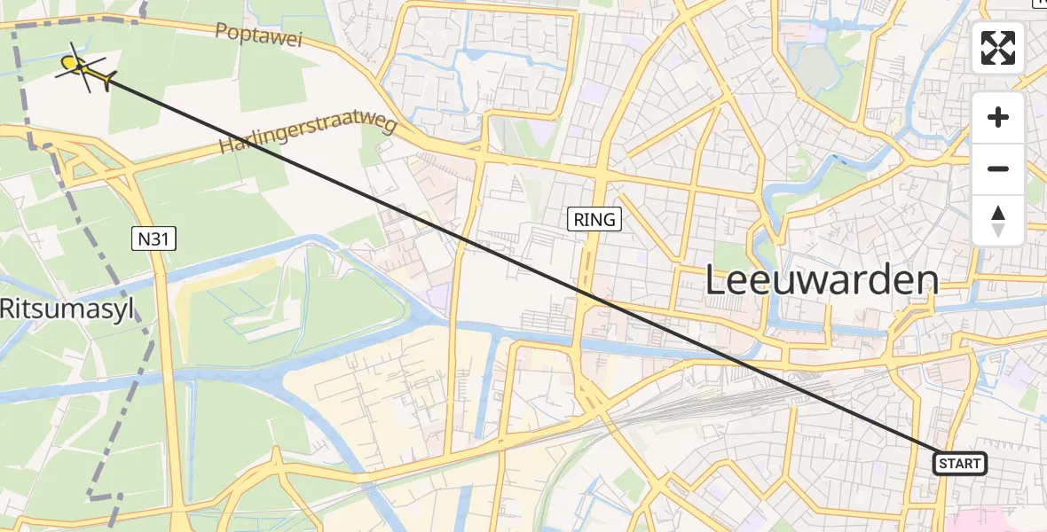 Vluchtroute Ambulancehelikopter van Leeuwarden naar Leeuwarden