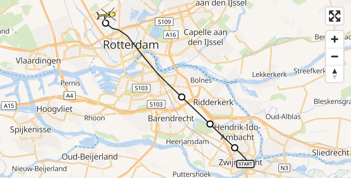 Routekaart van de vlucht: Lifeliner 2 naar Rotterdam The Hague Airport, Prinsessenpark