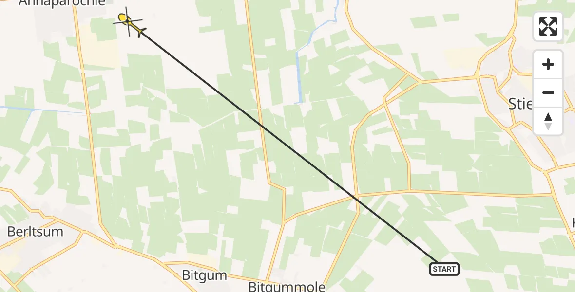 Routekaart van de vlucht: Ambulancehelikopter naar St.-Annaparochie, Langhuisterweg