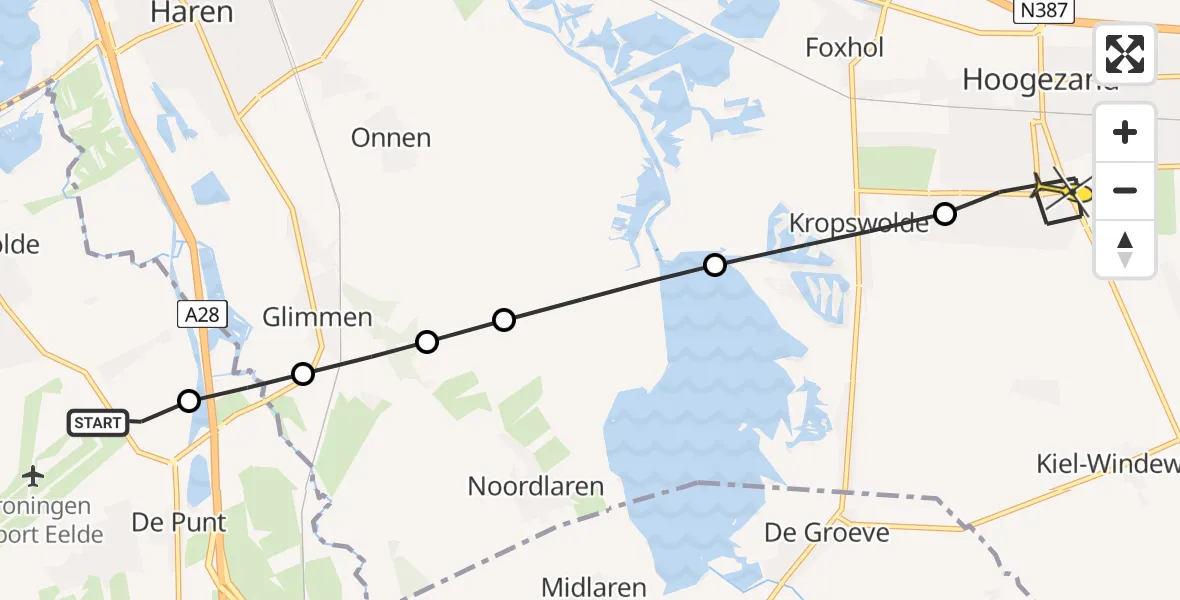 Routekaart van de vlucht: Lifeliner 4 naar Hoogezand, Burgemeester J.G. Legroweg