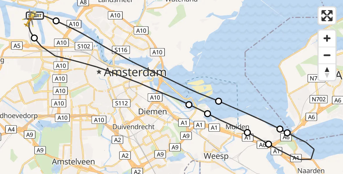Vluchtroute Traumahelikopter van Amsterdam Heliport naar Amsterdam Heliport