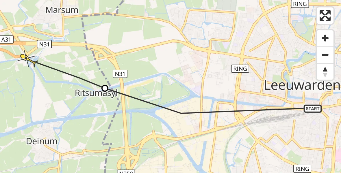 Vluchtroute Ambulancehelikopter van Leeuwarden naar Marsum