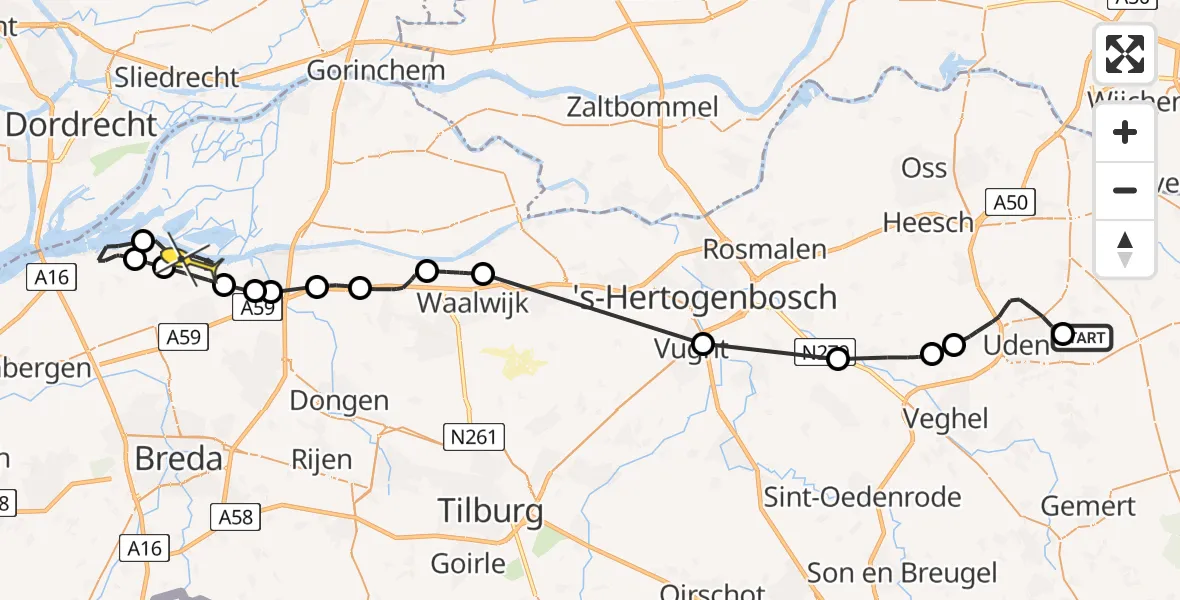 Routekaart van de vlucht: Politieheli naar Drimmelen, Patersweg