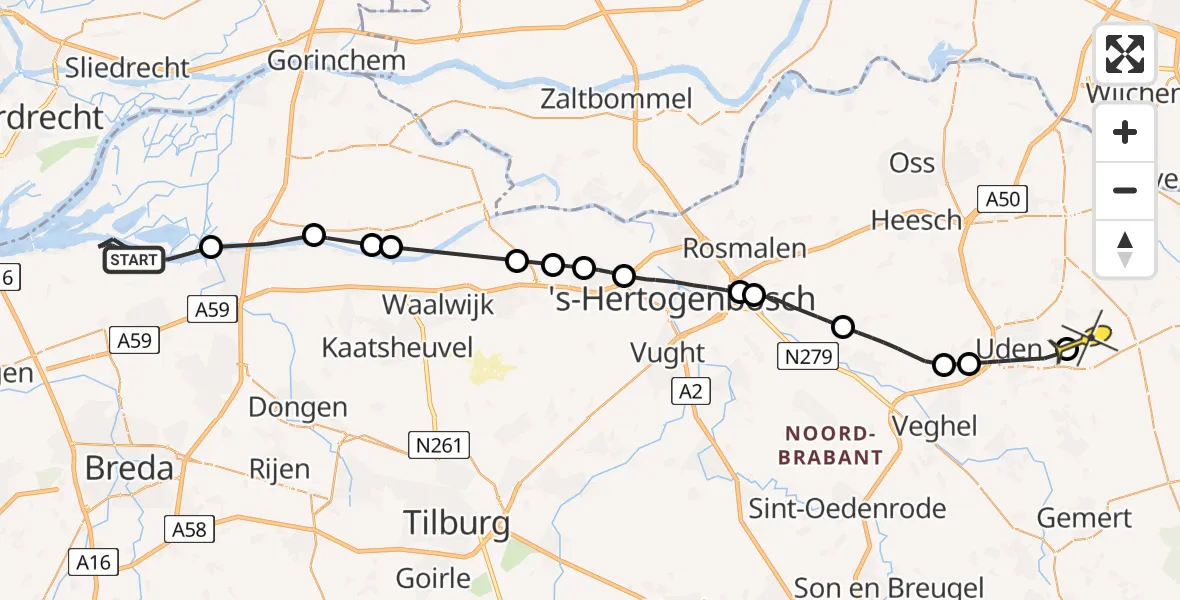 Routekaart van de vlucht: Politieheli naar Vliegbasis Volkel, Koekoekweg